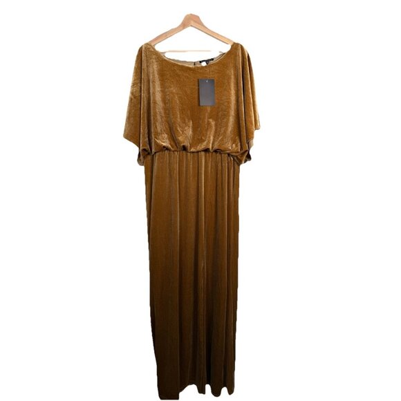 Velvet Maxi Dress Gold Size 2X See N Be Seen Dress Flutter Sleeve Slit Elegant - Picture 1 of 13